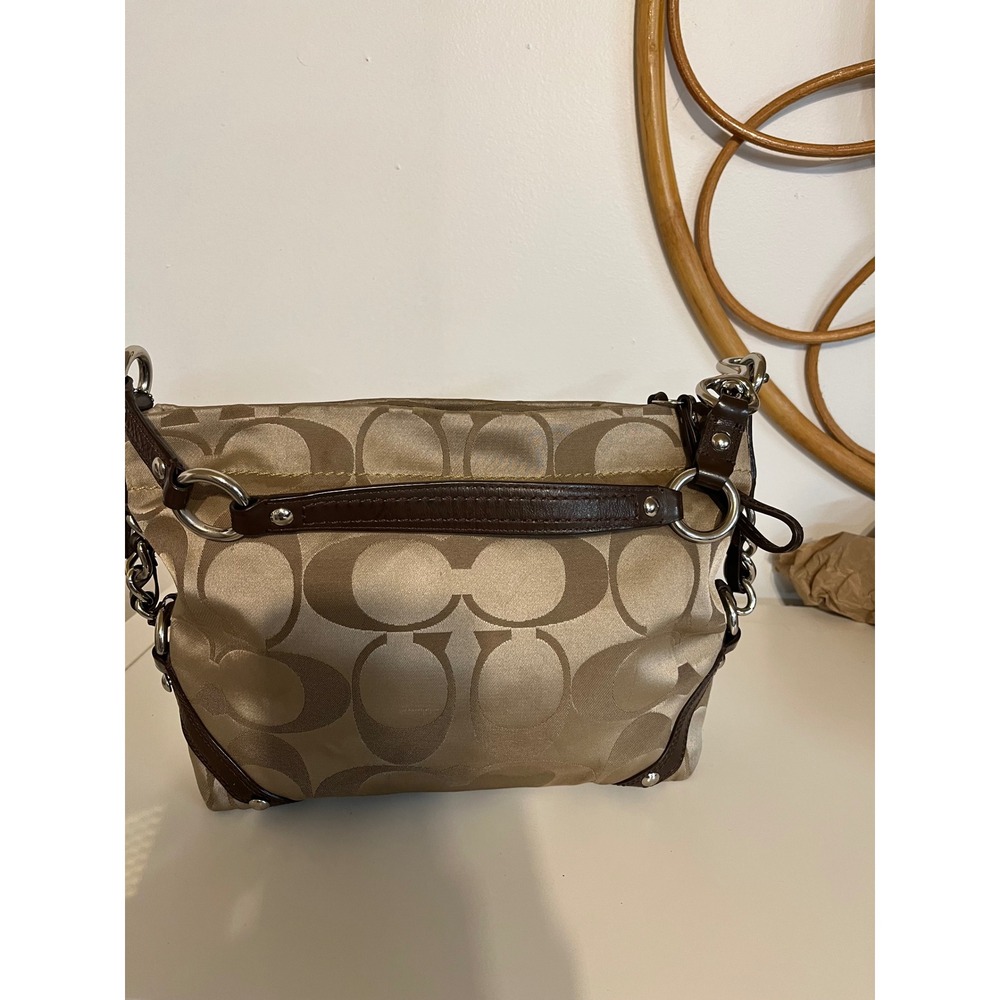 Coach Signature C Jacquard Shoulder Bag Khaki Brown Silver Hardware F15520